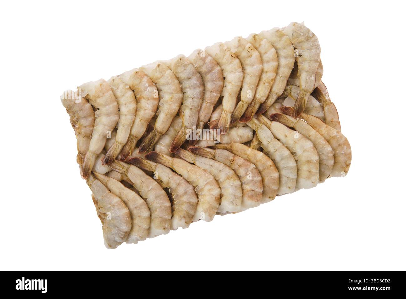 Overhead-Ansicht von rohen Tiger Garnelen in großen Eiswürfel auf weißem Hintergrund eingefroren Stockfoto