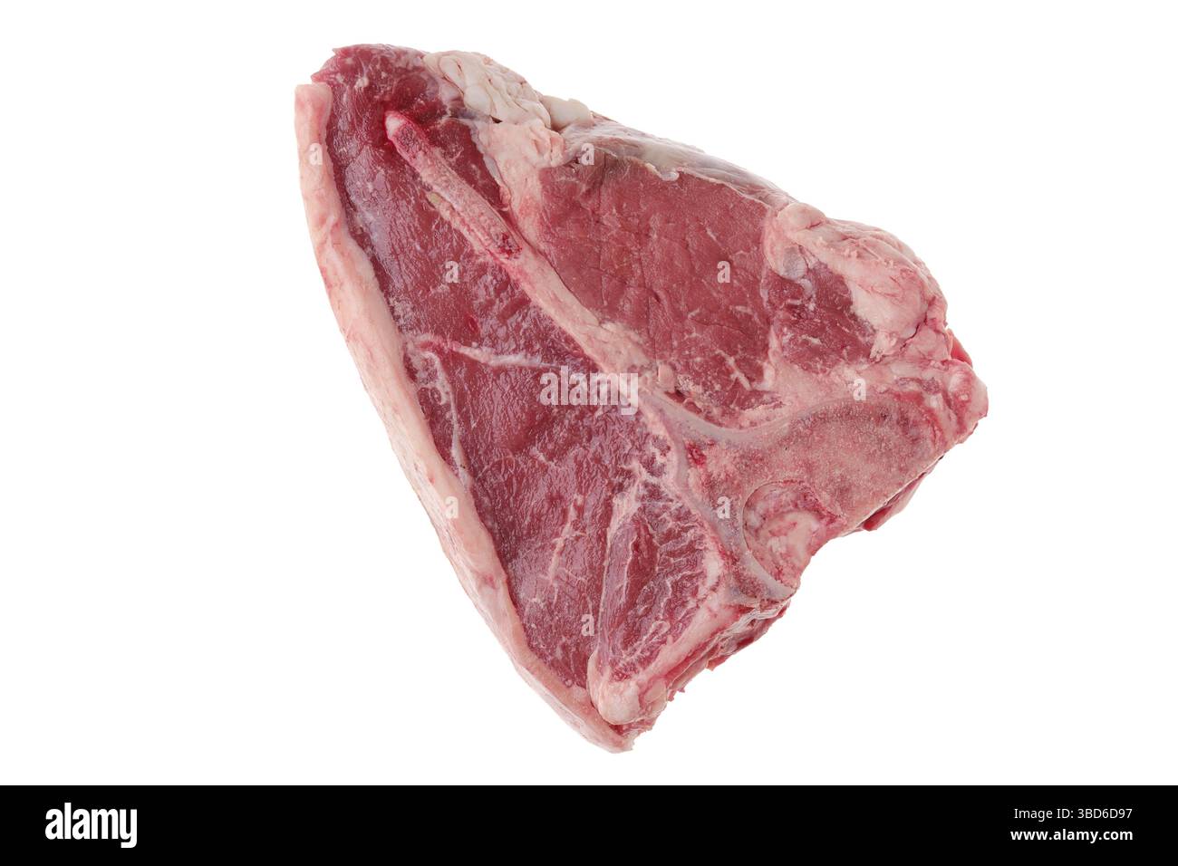 Ansicht von oben auf rohem Porterhouse-Steak, hochwertiges Rindfleisch isoliert auf weißem Hintergrund Stockfoto