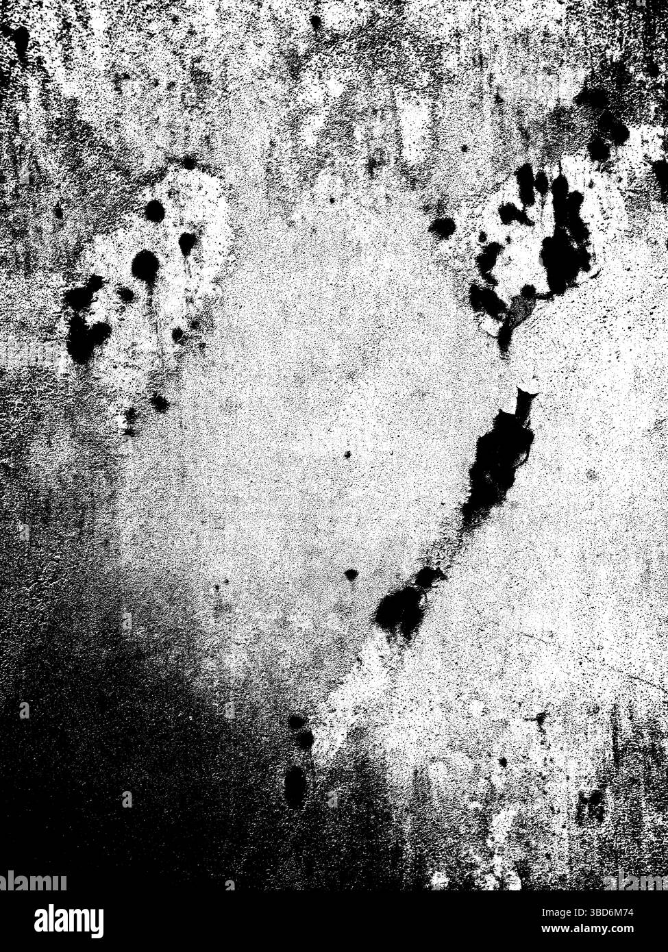 Schwere schwarz-weiße Grunge-Textur mit rostigem Korrosionseffekt. Stark beansprucht, körnig und kontrastreich, zeigt eine stark beschädigte Oberfläche mit Signif Stockfoto