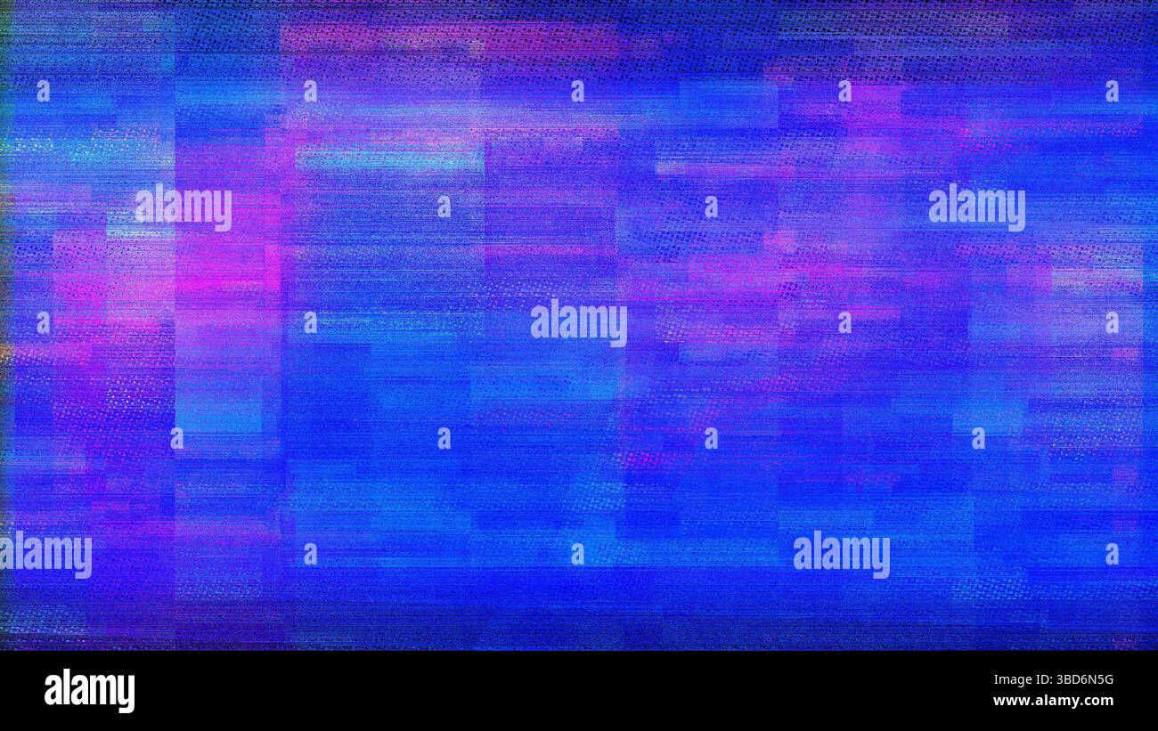 Abstrakte digitale Glitchart mit einer lebendigen Mischung aus Blau- und Violetttönen mit Rastereffekt, die eine strukturierte Atmosphäre schafft Stockfoto