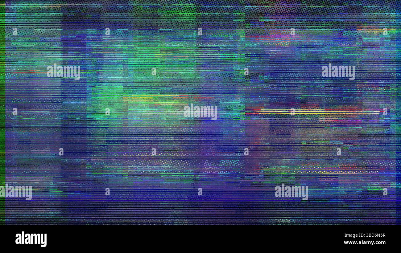 Ein lebendiges und chaotisches digitales Glitch-Kunstwerk mit Grunge-Texturen und Halbtonmustern, das eine Mischung aus Farben und Verzerrungen zeigt Stockfoto