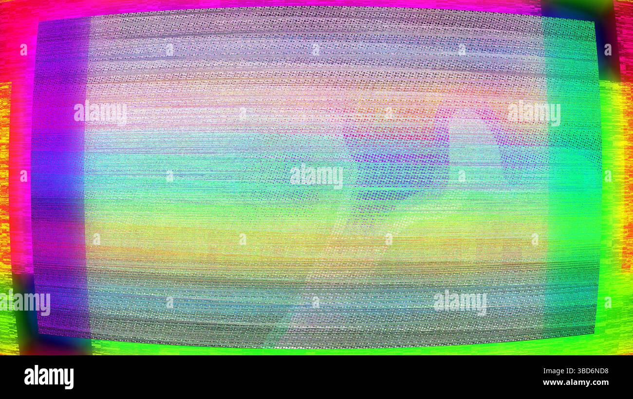 Farbenfrohe abstrakte Störlichtkunst mit leuchtenden Rot-, Grün-, Blau- und Gelbtönen, die ein verzerrtes Wellenmuster erzeugen und eine dynamische digitale Atmosphäre ausstrahlen Stockfoto