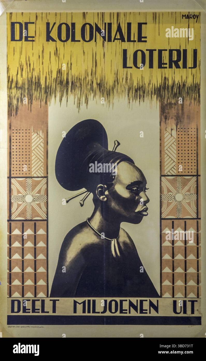 De Koloniale Loterij, Poster der belgischen Koloniallotterie im AfricaMuseum, Königliches Museum für Zentralafrika, Tervuren, Flämisch-Brabant, Belgien Stockfoto