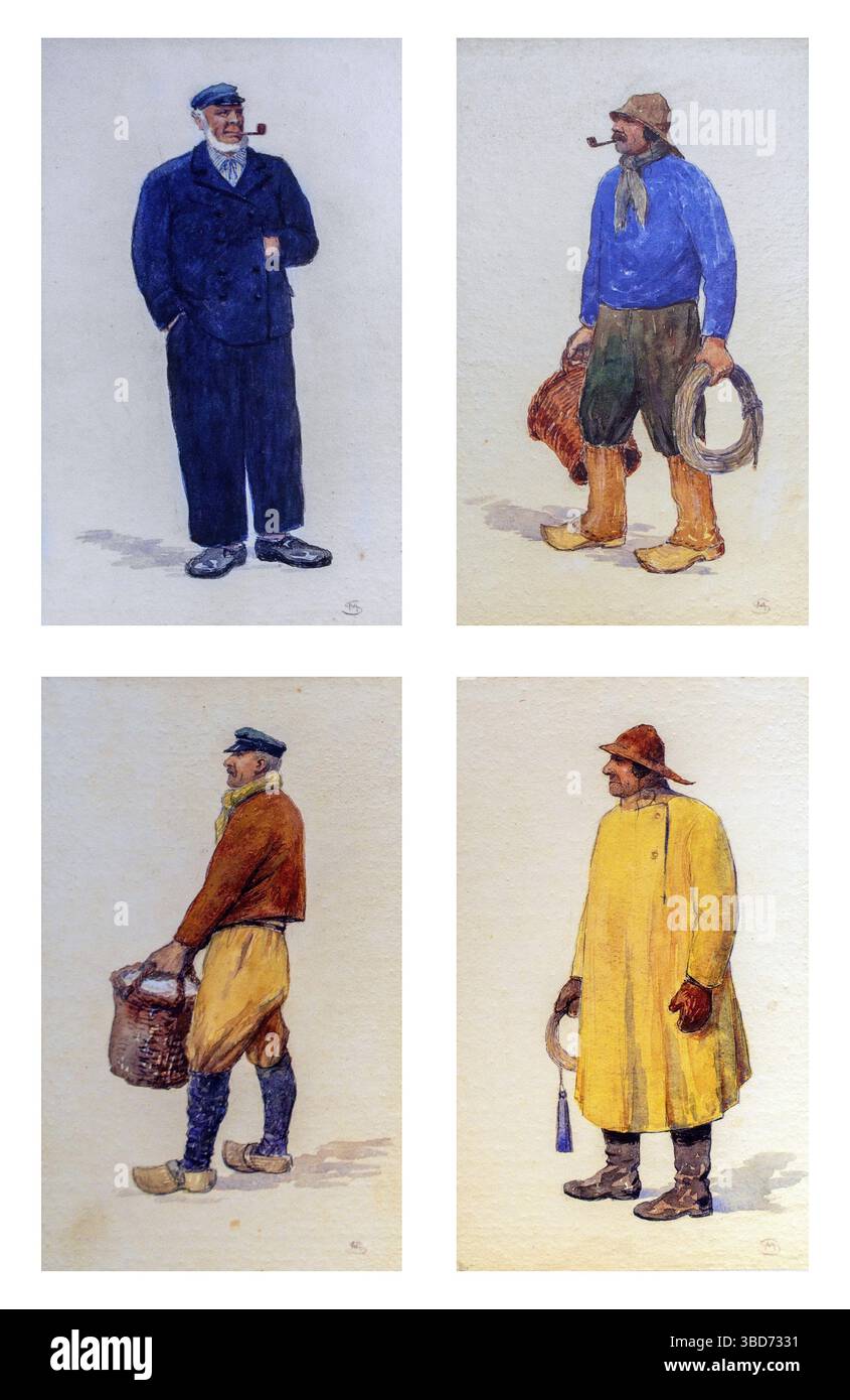 Zeichnungen traditioneller Outfits flämischer Fischer aus Blankenberge und Ostende, Oostende an der Nordseeküste, Westflandern, Belgien Stockfoto