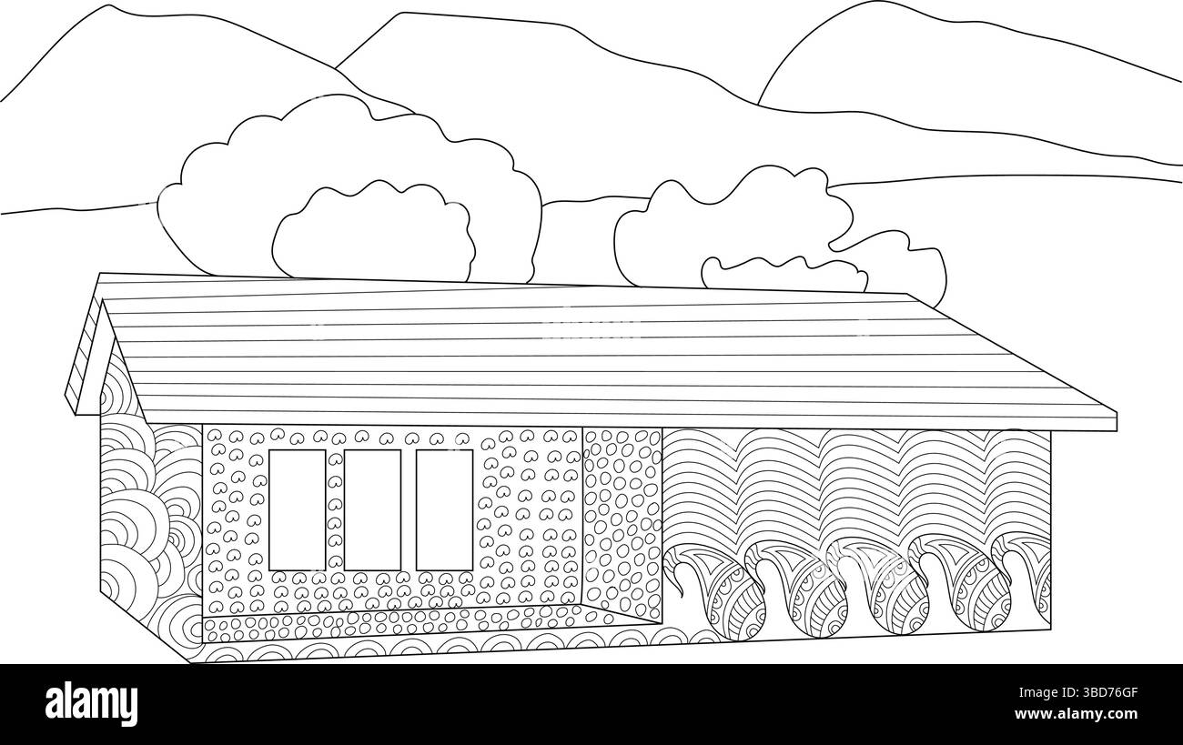 Detaillierte schwarz-weiße Strichgrafik eines stilisierten Landhauses mit komplizierten abstrakten Mustern an den Wänden, die auf einer Rückseite stehen Stock Vektor