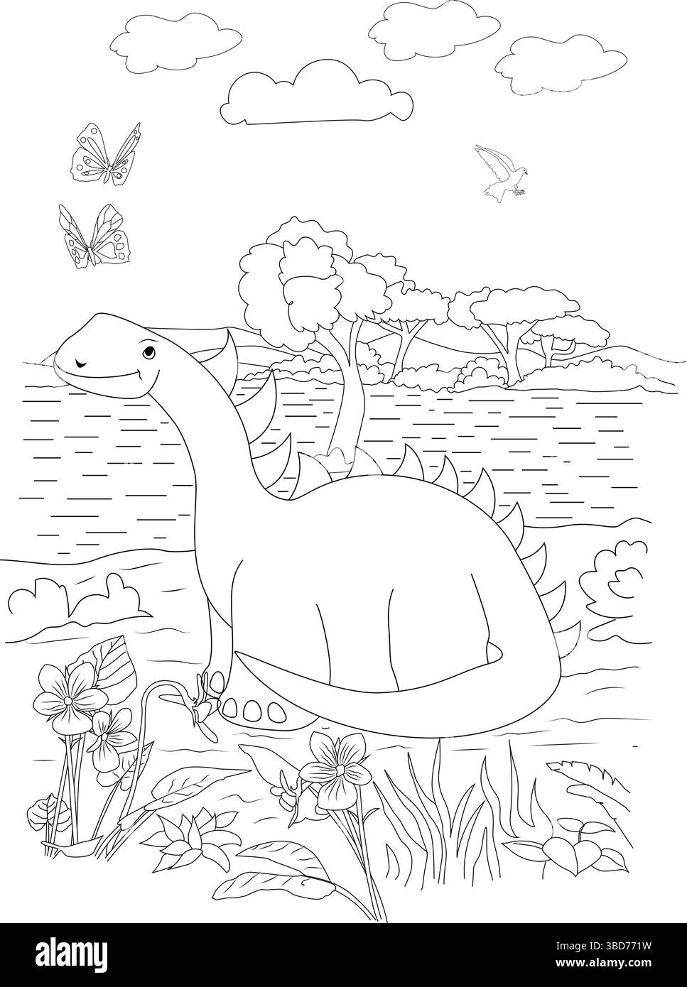 Schwarz-weiße Umrissdarstellung eines freundlichen Cartoon Sauropoden-Dinosauriers in einer natürlichen Landschaft mit Bäumen, Wasser, Blumen, Schmetterlingen und einem bir Stock Vektor
