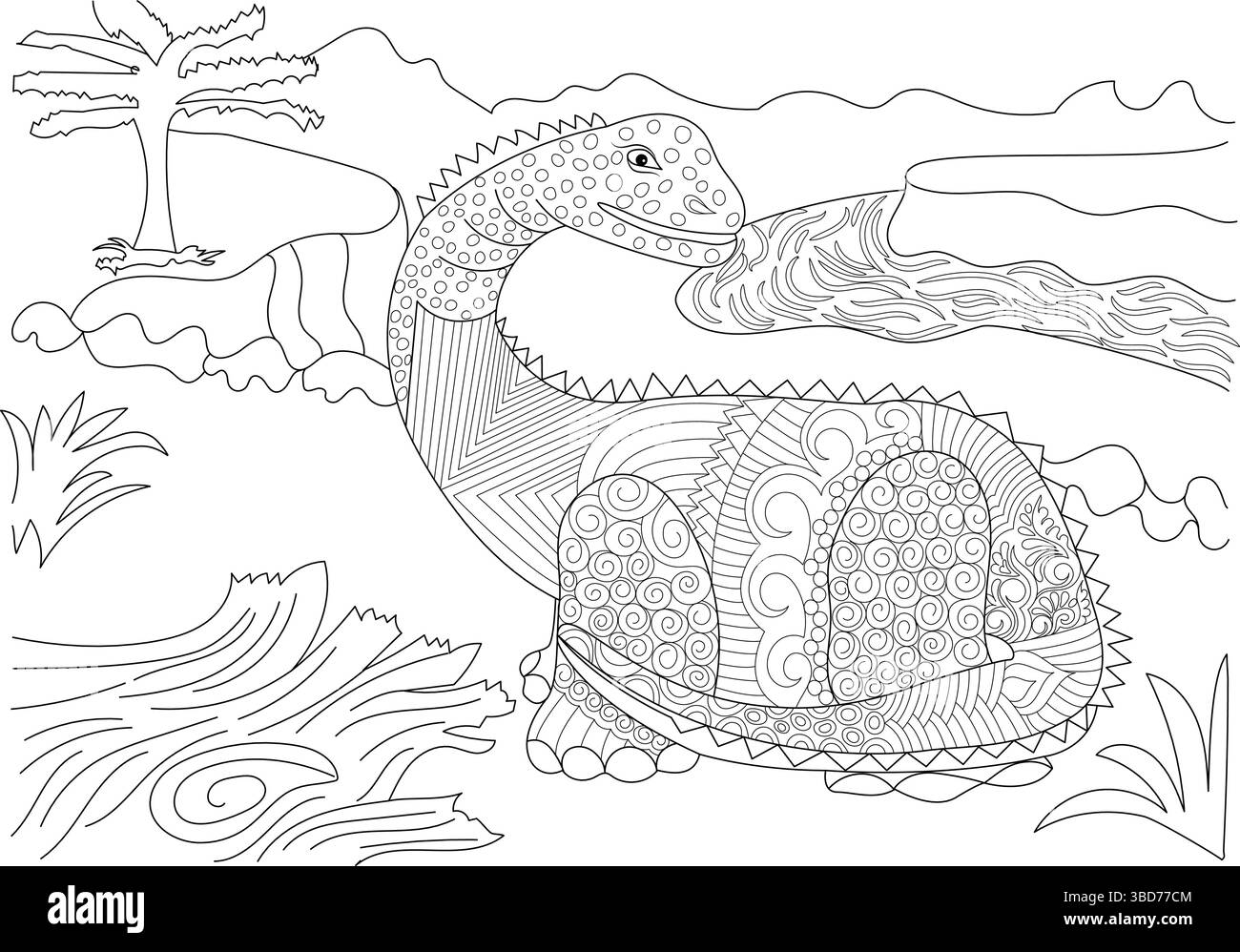 Schwarz-weiße Strichgrafik eines prähistorischen Dinosauriers in einer Landschaft mit Fluss, Baum und Bergen. Der Dinosaurier ist mit kompliziertem Zentan versehen Stock Vektor