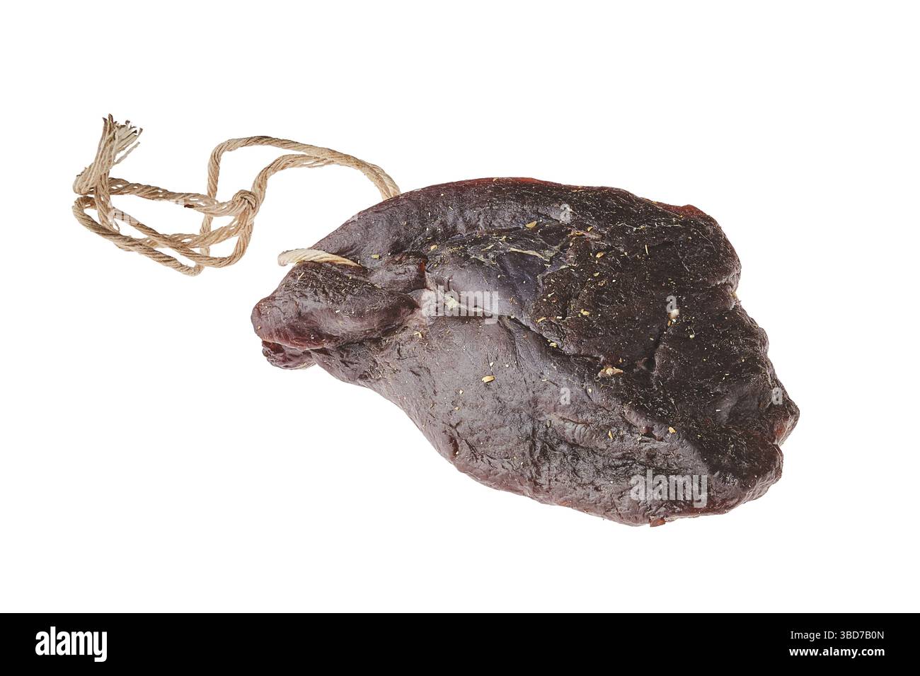 Blick von oben auf getrocknete Rehe oder Wildfleisch isoliert Auf weißem Hintergrund Stockfoto