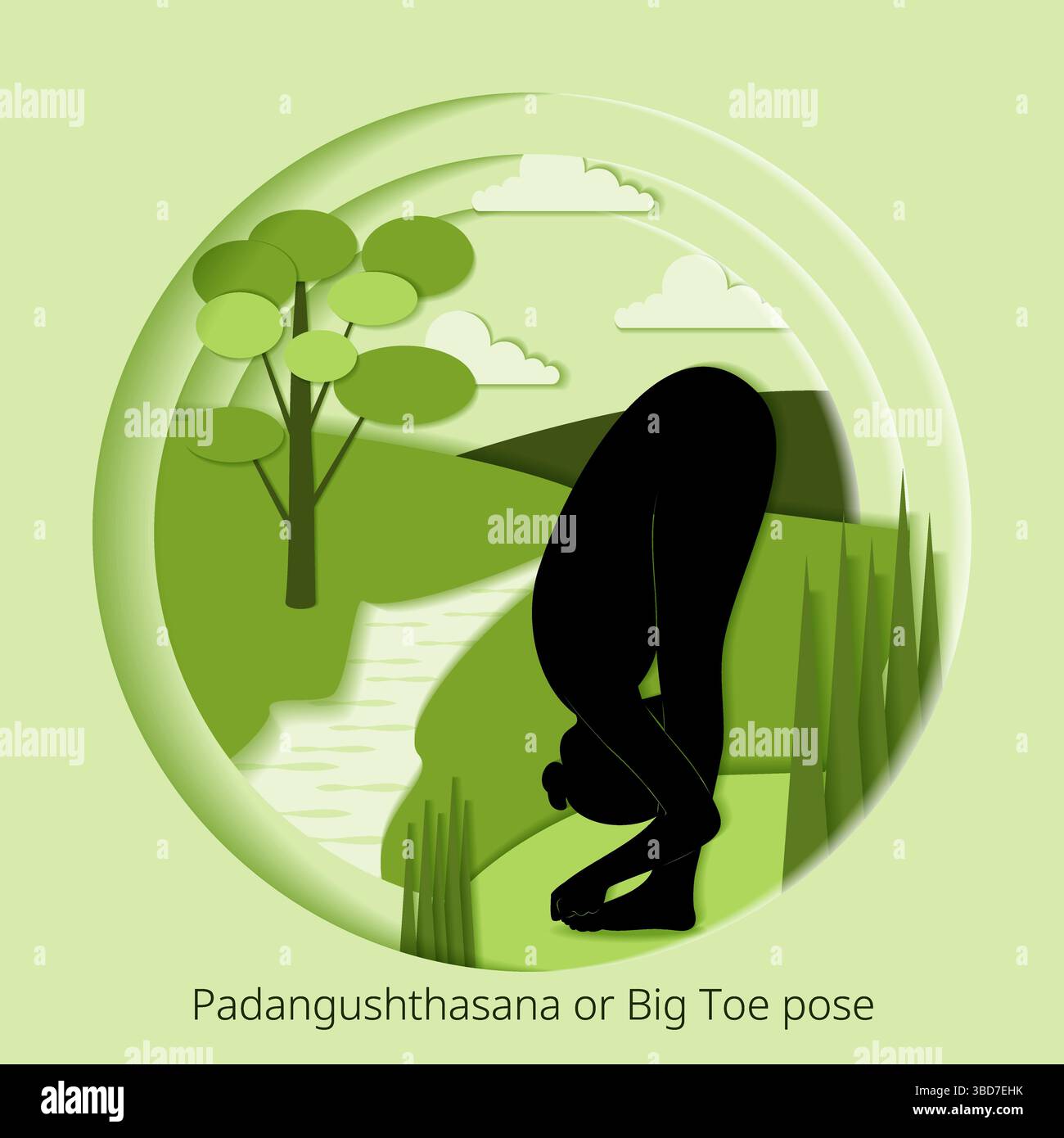 Internationaler Yoga-Tag. Padangushthasana-Pose. Haltung des großen Zehens. Papierschnitt. Isolierte Vektordarstellung. Stock Vektor