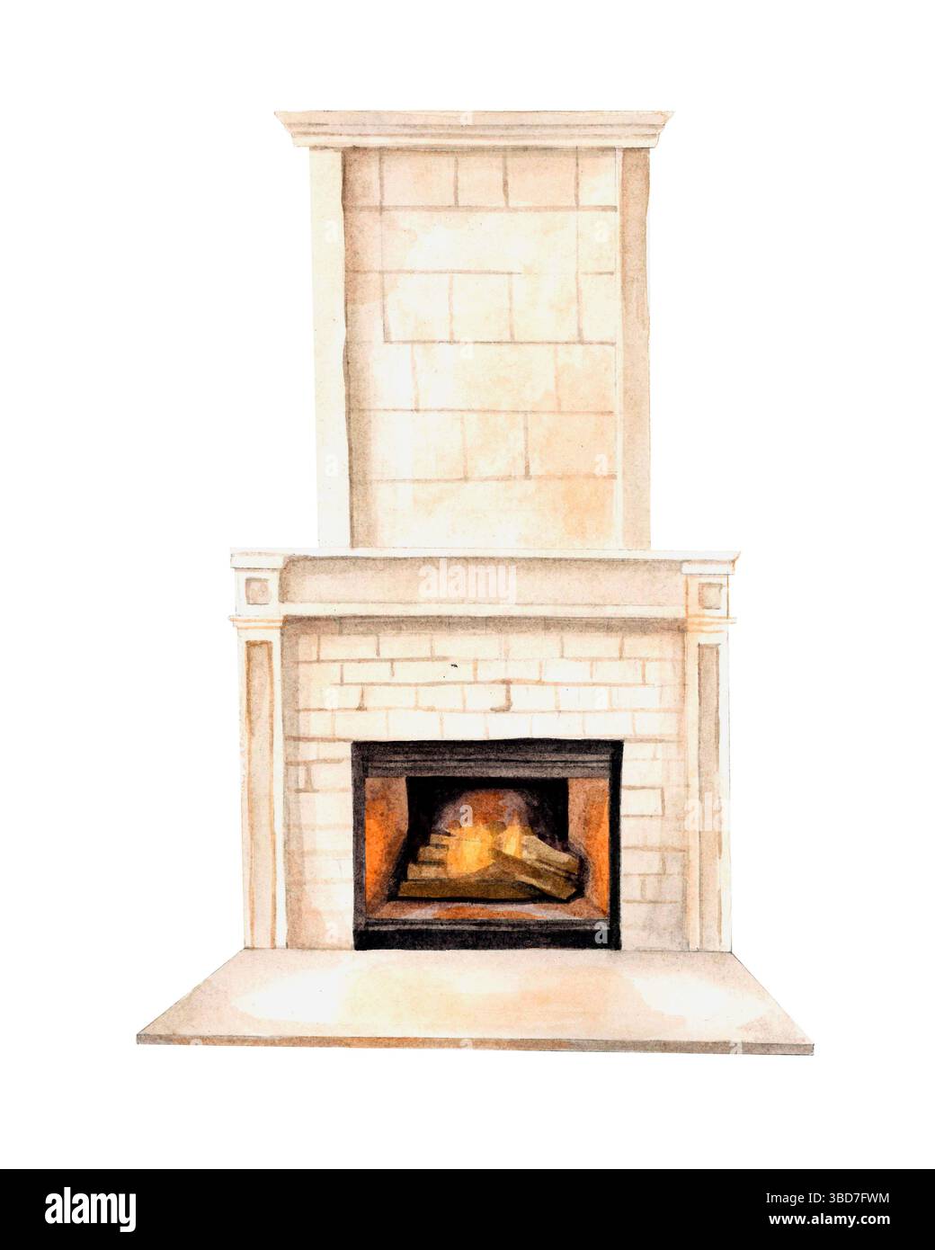 Aquarellillustration handgemalter Kamin. Weißer gemütlicher, minimalistischer Kamin ohne Dekoration Stockfoto