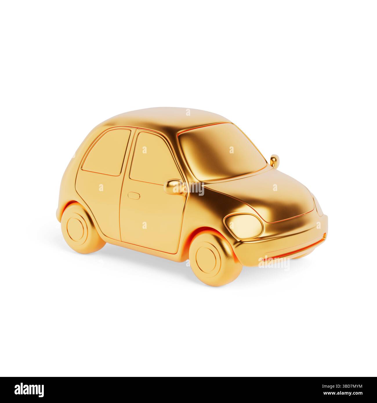 Luxus- Und Reichtumssymbolik. Goldenes Cartoon-Kompaktfahrzeug Auf Weißem Hintergrund. 3D-Rendering Stockfoto
