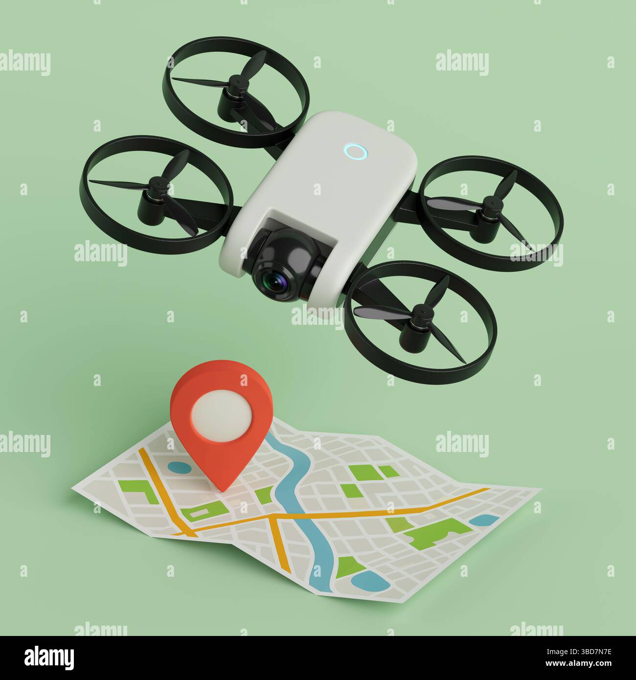 Intelligente Navigations- Und Überwachungstechnologie. Weiße Drohne Fliegt Über Stadtplan Mit Positionsmarkierung Auf Grünem Hintergrund. 3D-Rendering Stockfoto