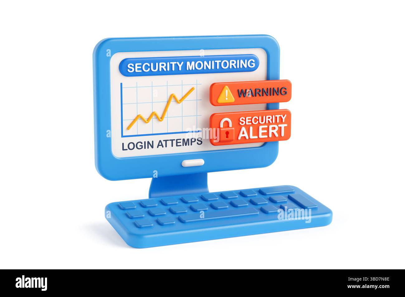 Konzept Zur Erkennung Von Cyberbedrohungen. Computerbildschirm Mit Sicherheitswarnung Und Anmeldediagramm Auf Weißem Hintergrund. 3D-Rendering Stockfoto