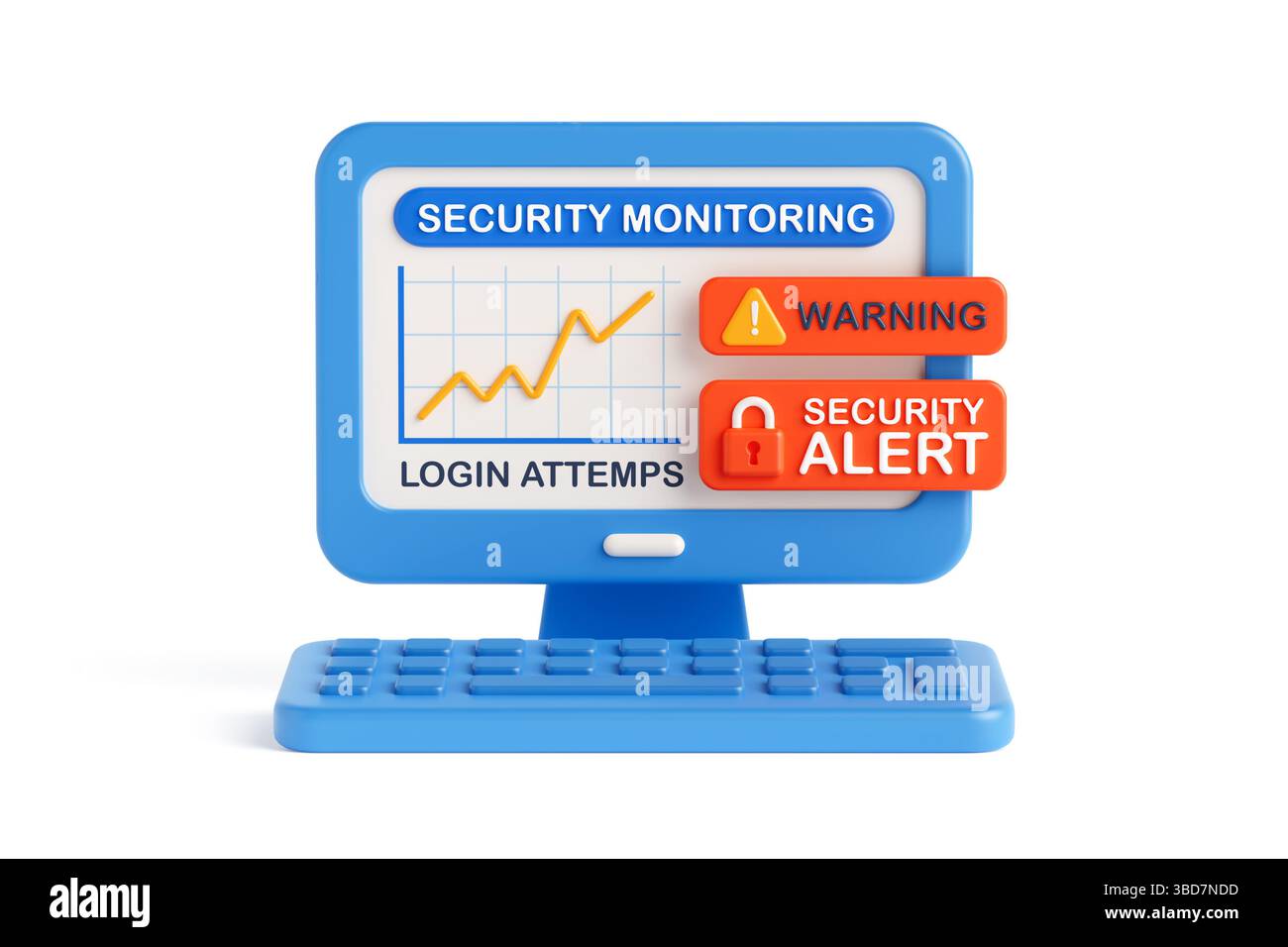 Konzept Zur Erkennung Von Cyberbedrohungen. Computerbildschirm Mit Sicherheitswarnung Und Anmeldediagramm Auf Weißem Hintergrund. 3D-Rendering Stockfoto