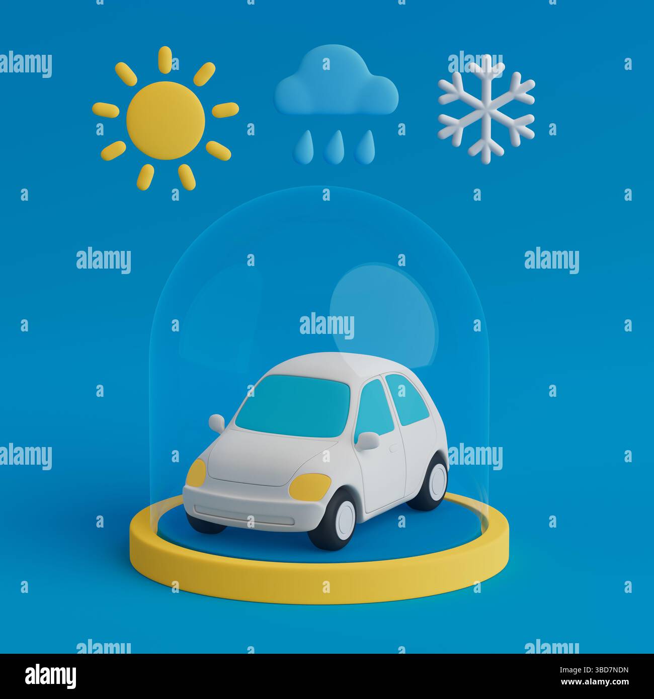 Schutz Des Fahrzeugs Vor Witterungsbedingungen. Kleines Weißes Auto In Transparenter Kuppel Mit Wettersymbolen Auf Blauem Hintergrund. 3D-Rendering Stockfoto