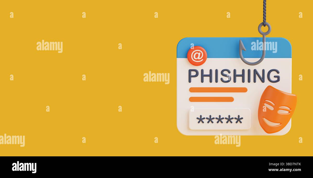 Bewusstsein Für Cyberbedrohungen. Phishing-Anmeldeschnittstelle mit Haken und Maske, die Datendiebstahl auf gelbem Hintergrund symbolisiert. 3D-Rendering Stockfoto