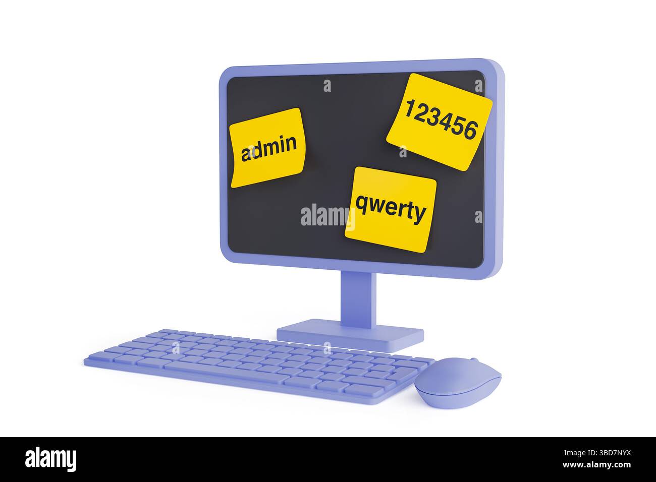 Cybersicherheitsrisiko Durch Schwache Passwörter. Computermonitor mit Haftnotizen mit allgemeinen Kennwörtern auf weißem Hintergrund. 3D-Rendering Stockfoto