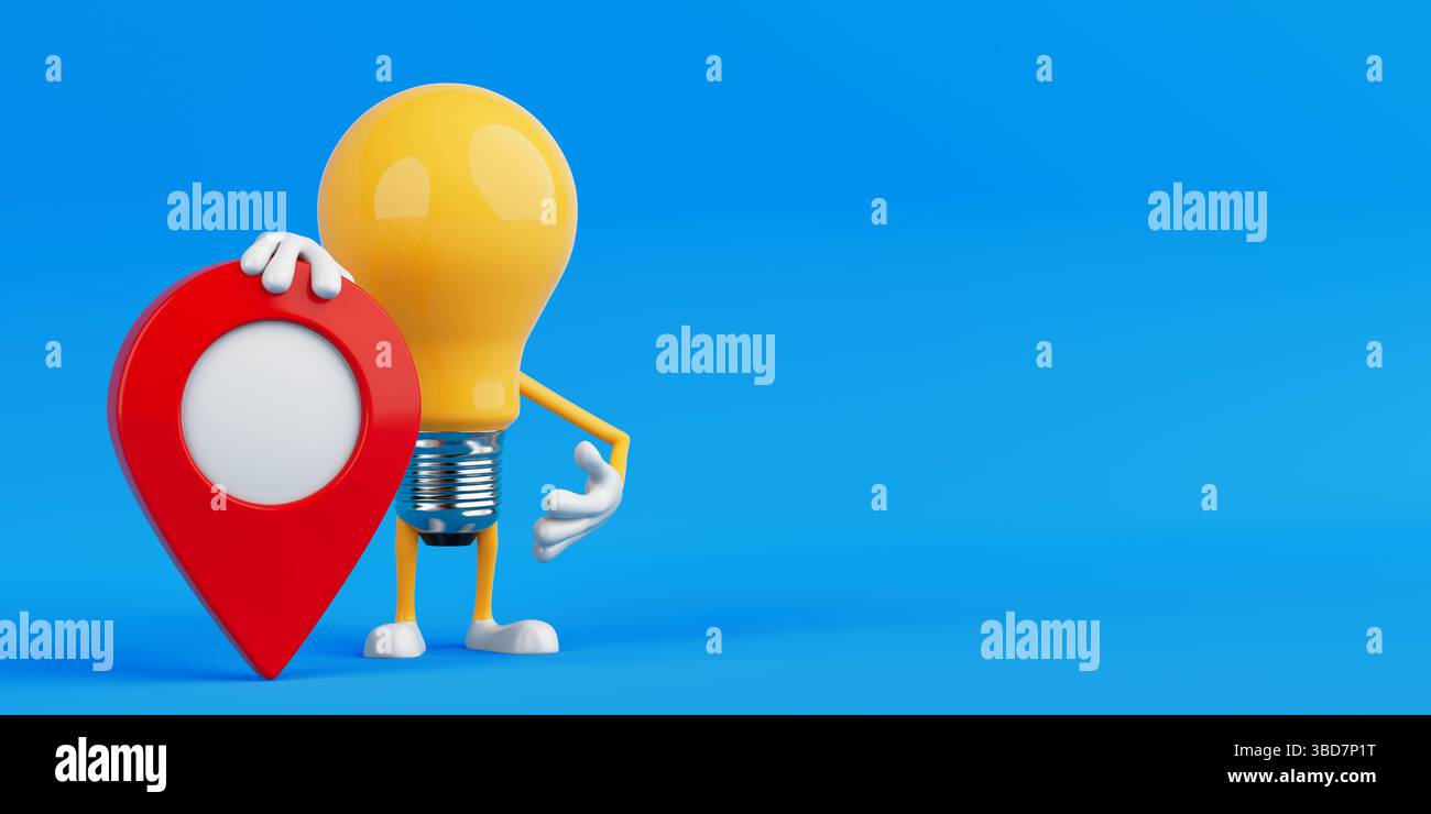 Konzept Der Navigations- Und Standortidee. Gelbes Glühbirnenzeichen Mit Roter Kartenmarkierung Auf Blauem Hintergrund. 3D-Rendering Stockfoto