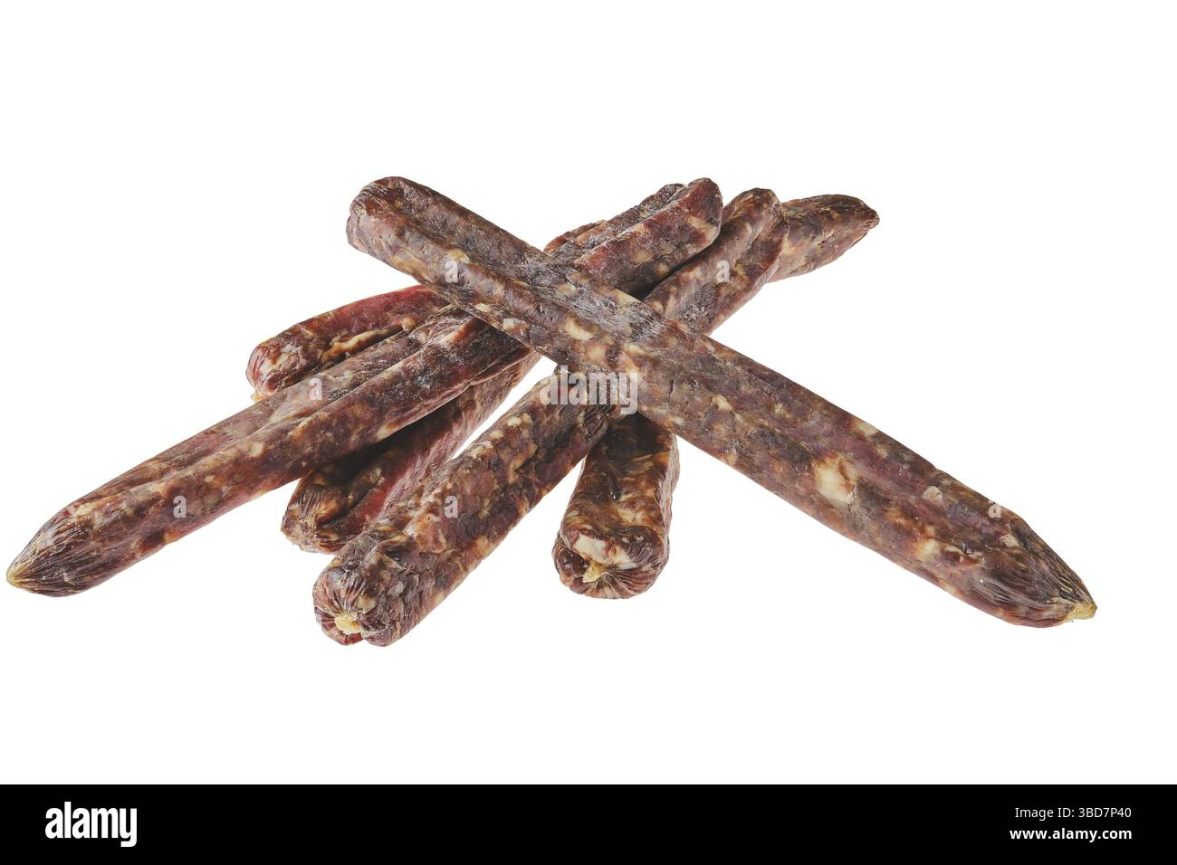 Getrocknete Reh und Schweinefleisch Wurst isoliert auf weißem Hintergrund Stockfoto