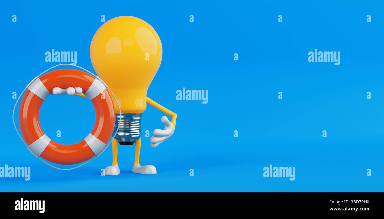 Support- Und Sicherheitskonzept. Gelber Cartoon Light Birb Charakter, Der Orange Lifebuoy Auf Blauem Hintergrund Hält. 3D-Rendering Stockfoto