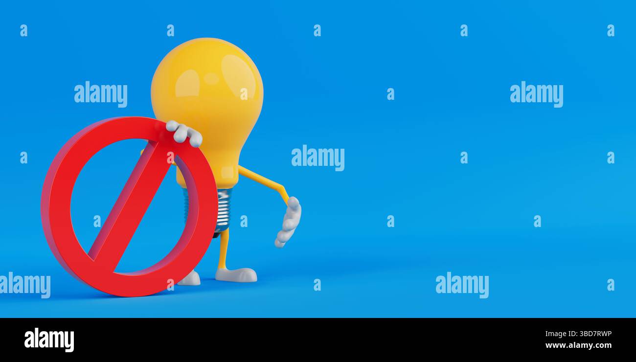 Verbots- Und Warnkonzept. Gelbe Zeichentricklampe Mit Rotem Verbotenzeichen Auf Blauem Hintergrund. 3D-Rendering Stockfoto