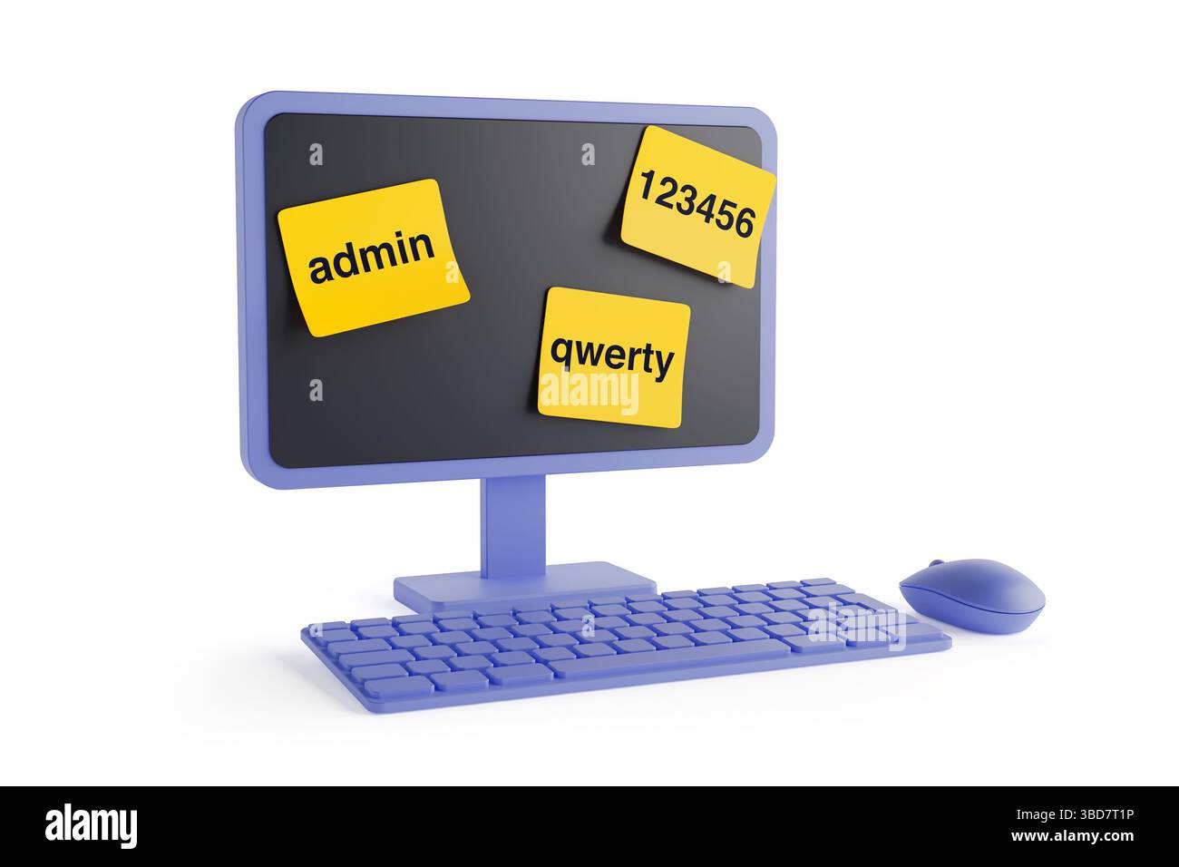 Cybersicherheitsrisiko Durch Schwache Passwörter. Computermonitor mit Haftnotizen mit allgemeinen Kennwörtern auf weißem Hintergrund. 3D-Rendering Stockfoto