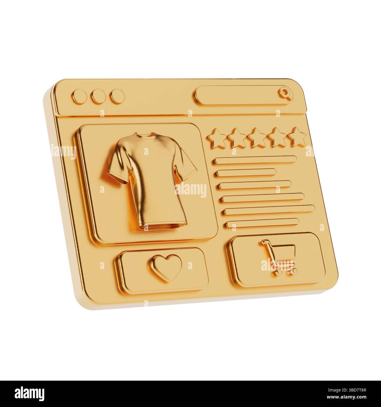 Das Beste Online-Shopping-Konzept. Goldene Webseite Mit Hemd, Sternen Und Shopping-Icons Auf Weißem Hintergrund. 3D-Rendering Stockfoto