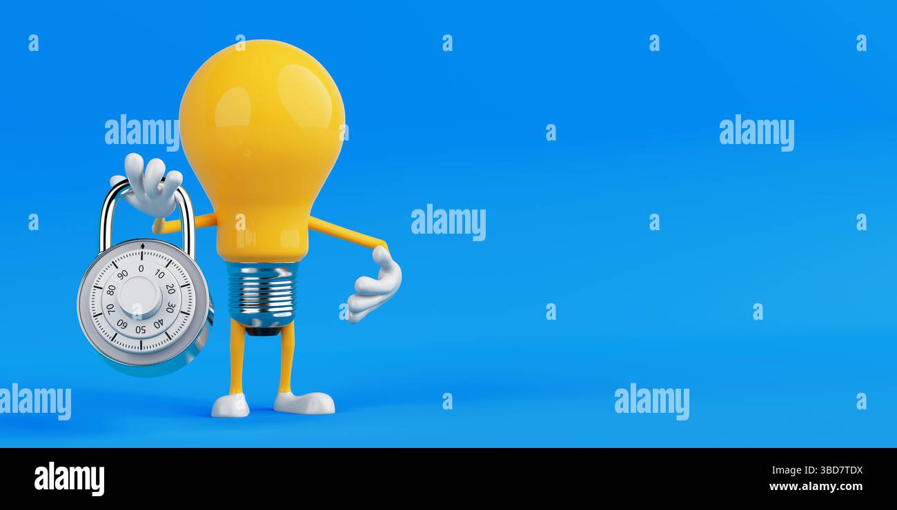Metapher Für Innovation Im Bereich Sicherheit. Glühbirne Maskottchen, Das Metallkombinationsvorhängeschloss Auf Blauem Hintergrund Hält. 3D-Rendering Stockfoto