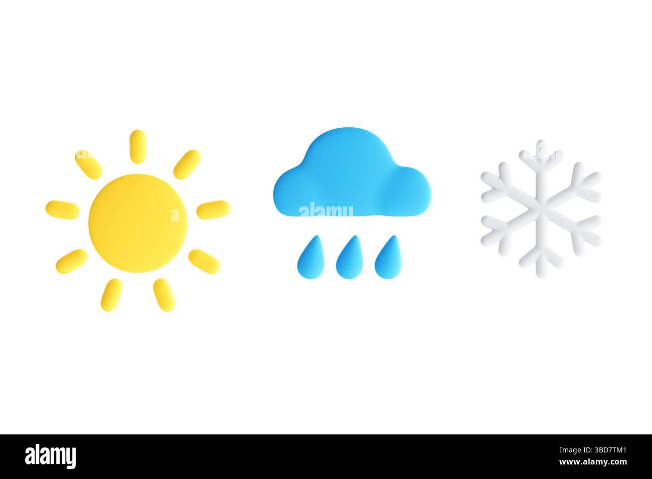 Konzept Der Wettervorhersage. Cartoon Sonne, Regenwolke Und Schneeflocke Symbol Auf Weißem Hintergrund. 3D-Rendering Stockfoto