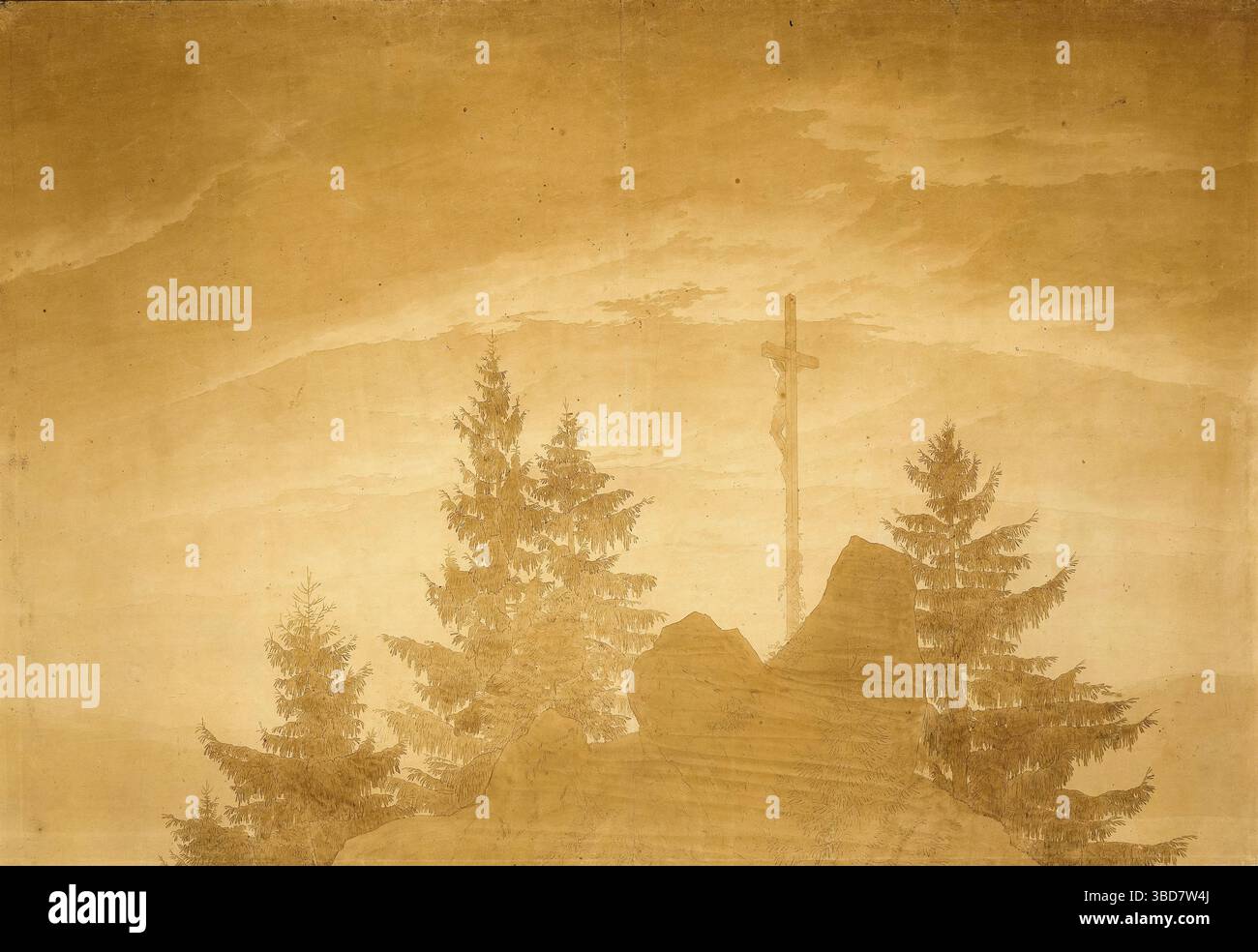 Caspar David Friedrich, das Kreuz in den Bergen, Zeichnung in Bleistift mit Pinsel und Tinte, 1803-1804 Stockfoto