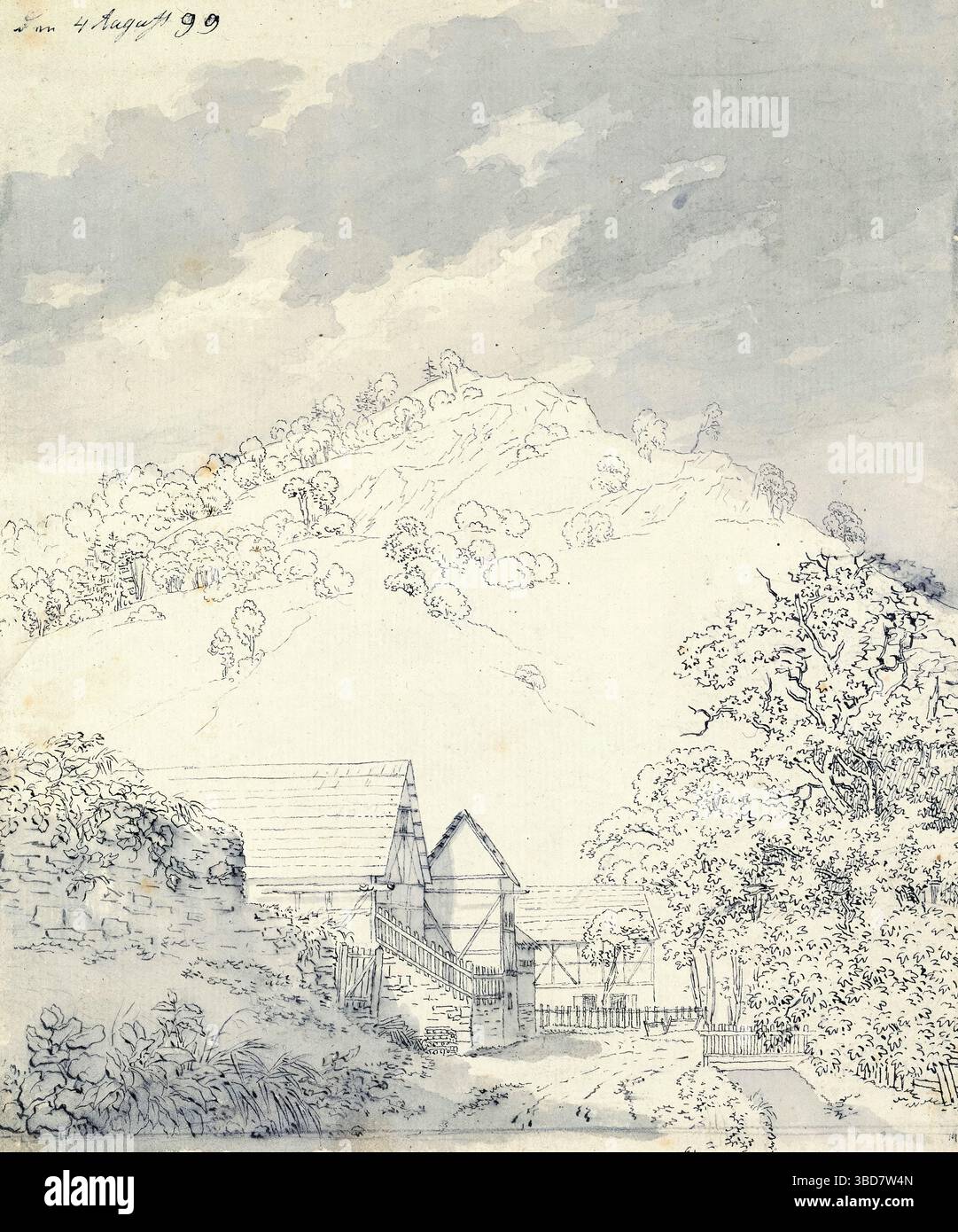 Caspar David Friedrich, Bauernhäuser an einem Hügel, Landschaftszeichnung in Stift und Tusche über Bleistift mit Aquarell, 1799 Stockfoto
