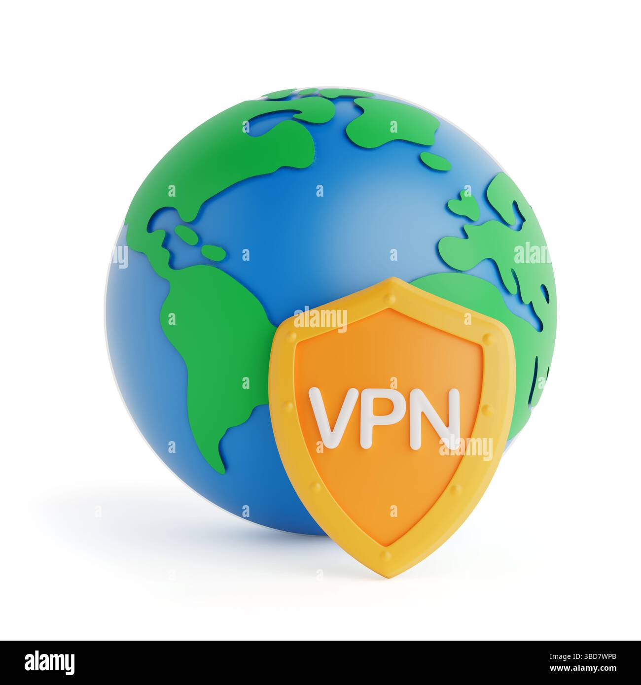 Internetsicherheit Und Globales Datenschutzkonzept. Globe mit VPN Shield auf weißem Hintergrund. 3D-Rendering Stockfoto
