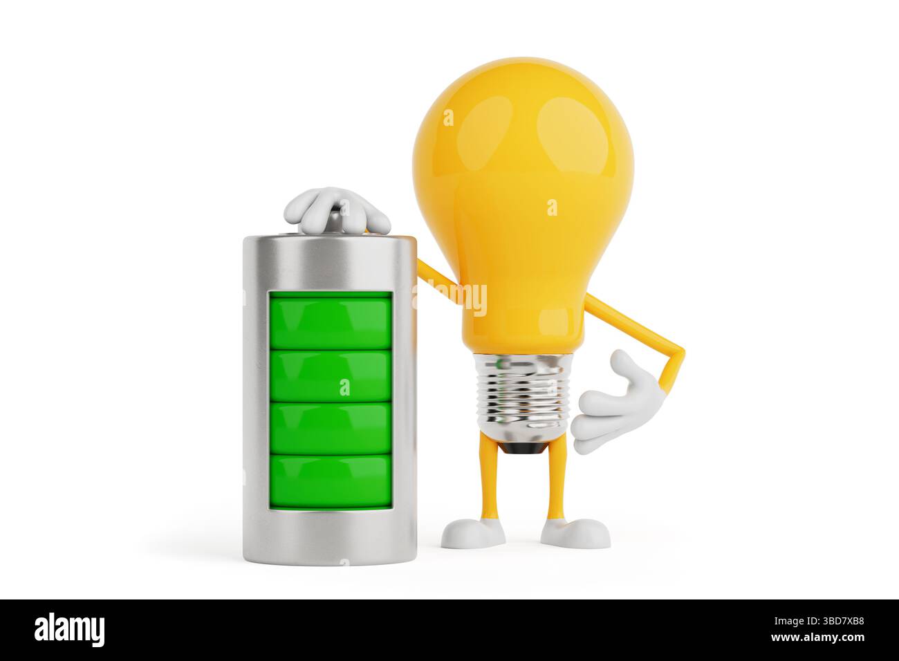 Energieeffizienz Und Stromversorgungskonzept. Gelbe Glühbirne Steht Mit Voll Aufgeladener Batterie Auf Weißem Hintergrund. 3D-Rendering Stockfoto