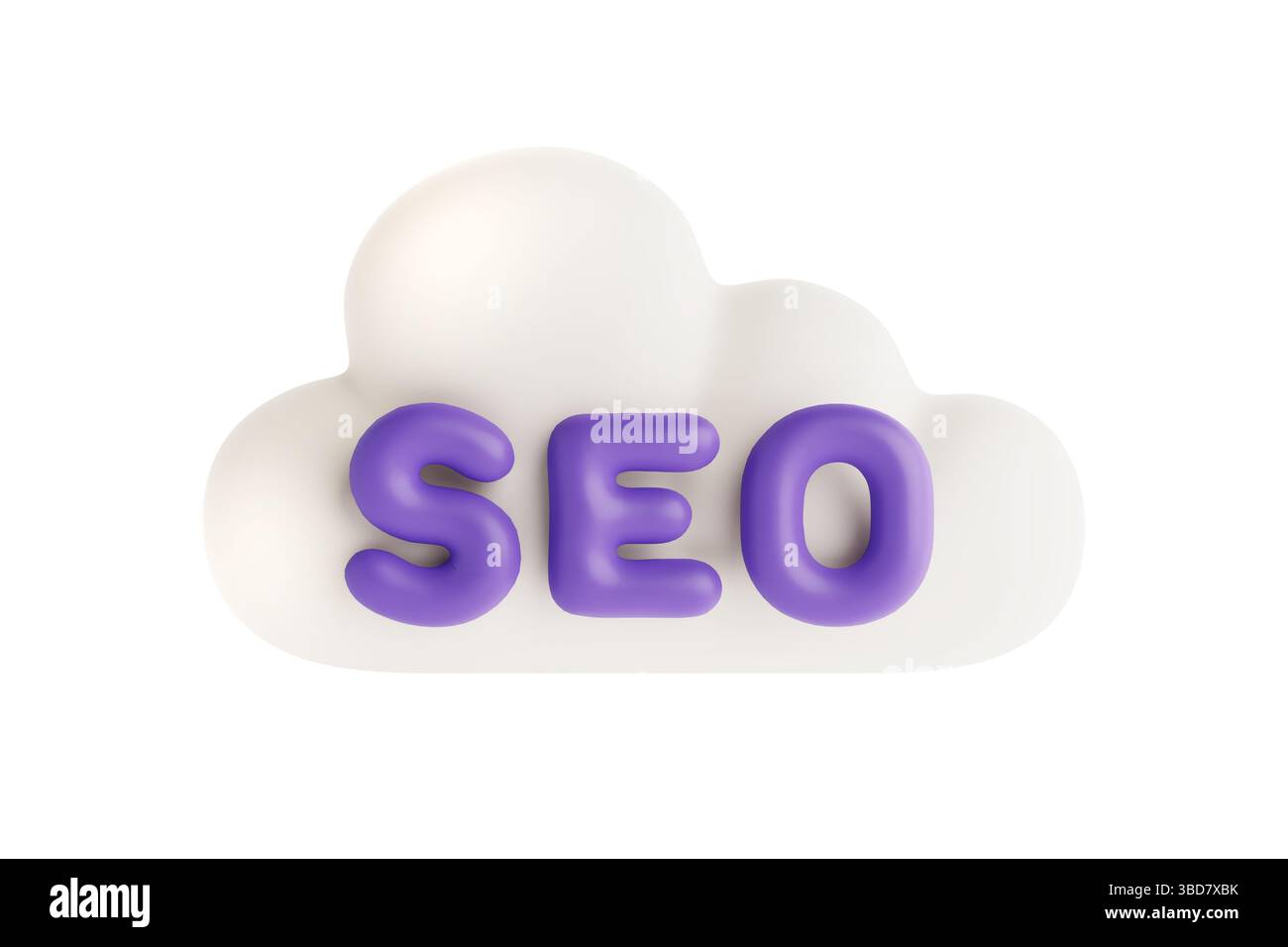 Digitales Marketing Und Suchoptimierungskonzept. Weiße Wolkenform mit violettem SEO-Text auf weißem Hintergrund. 3D-Rendering Stockfoto