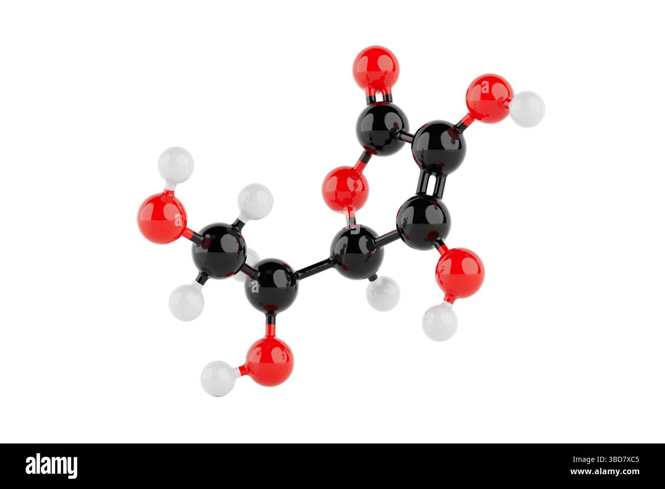 Chemikalienkonzept. Buntes Vitamin-C-Molekularstrukturmodell mit Atomen, die durch Bindungen auf weißem Hintergrund verbunden sind. 3D-Rendering Stockfoto