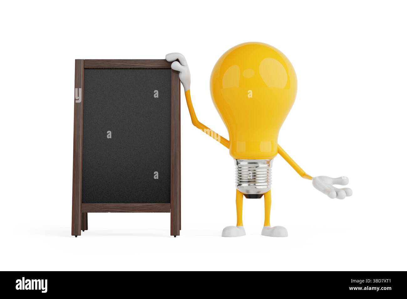 Präsentations- Und Ankündigungskonzept. Gelbe Cartoon-Glühbirne, Die Neben Leerem Schwarzen Tafel Auf Weißem Hintergrund Steht. 3D-Rendering Stockfoto