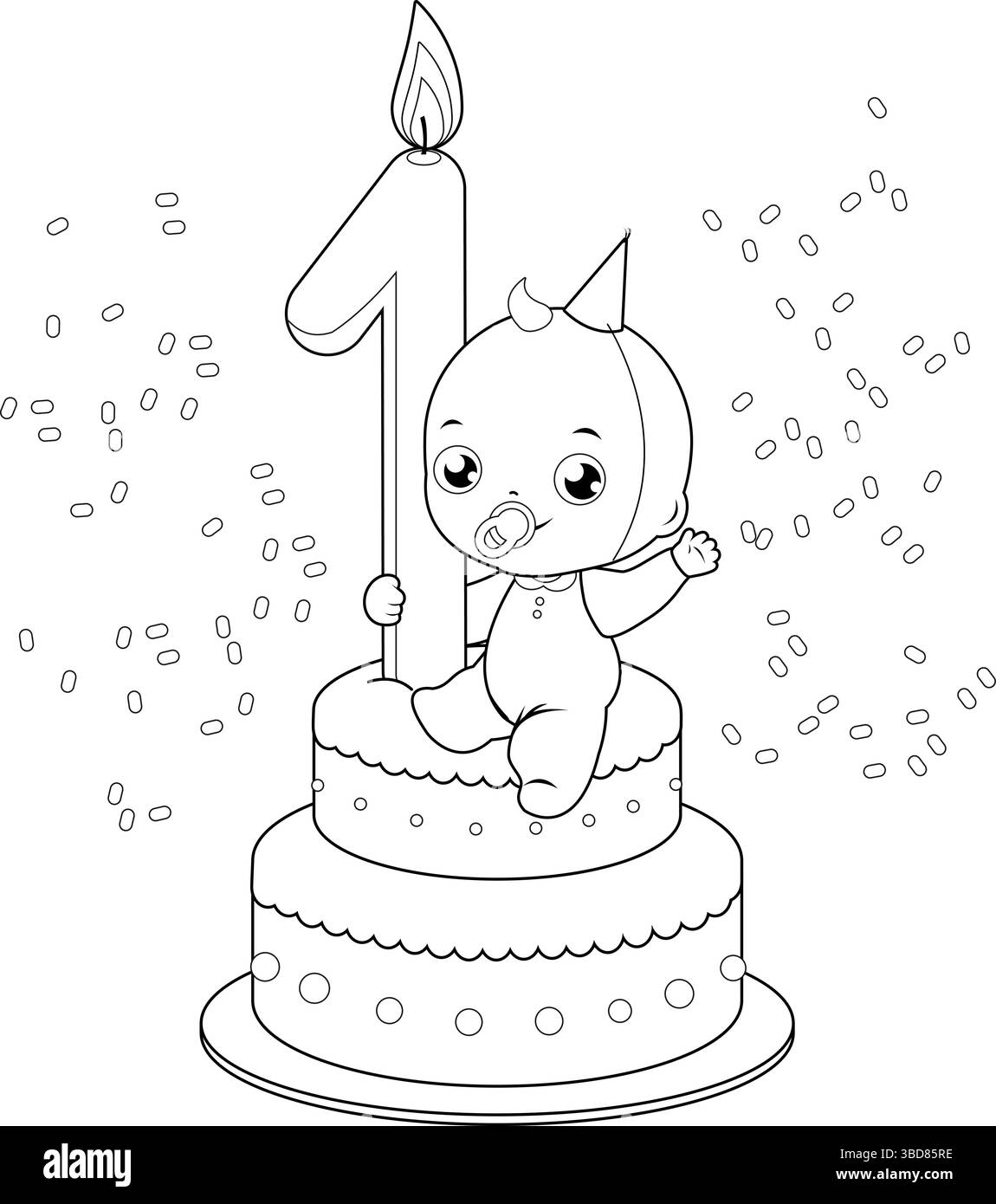 Niedliche Geburtstagskuche und kleines Mädchen mit Partyhut. Geburtstagsfeier Baby Girl. Vektor-Schwarzweiß-Farbseite. Stock Vektor