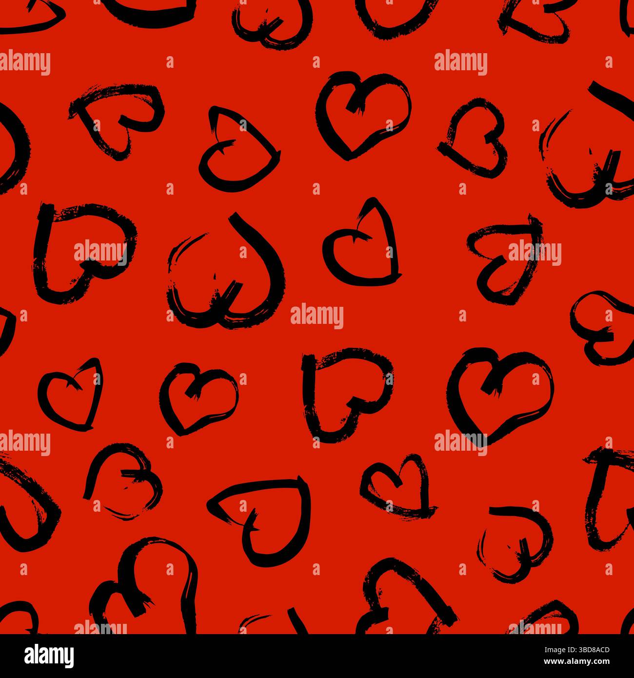 Nahtloses Muster mit handgezeichneten Herzen. Doodle Grunge schwarze Herzen auf rotem Hintergrund. Vektorabbildung. Stock Vektor