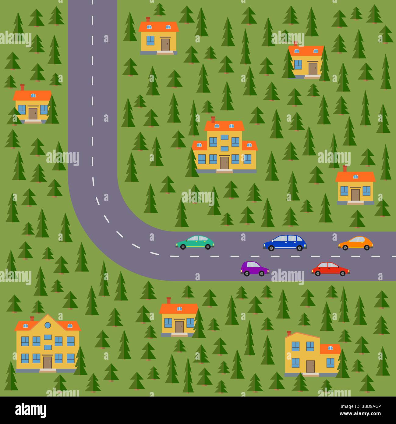 Plan des Dorfes. Landschaft mit der Straße, Pinienwald, Autos und Häusern. Vektorabbildung Stock Vektor