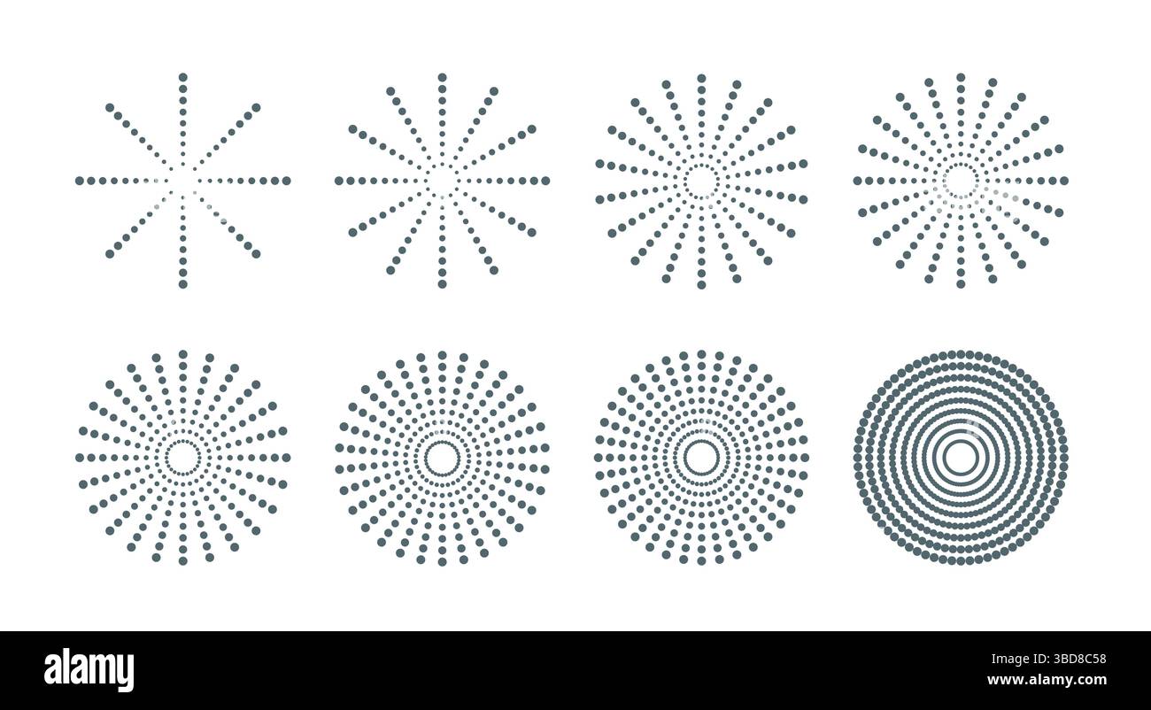 Gepunktete runde Retro-Sonne, Starburst, Strahlen. Minimalistisches trendiges Vektorfeuerwerk, runder Rahmen, Sonnenlicht. Stock Vektor
