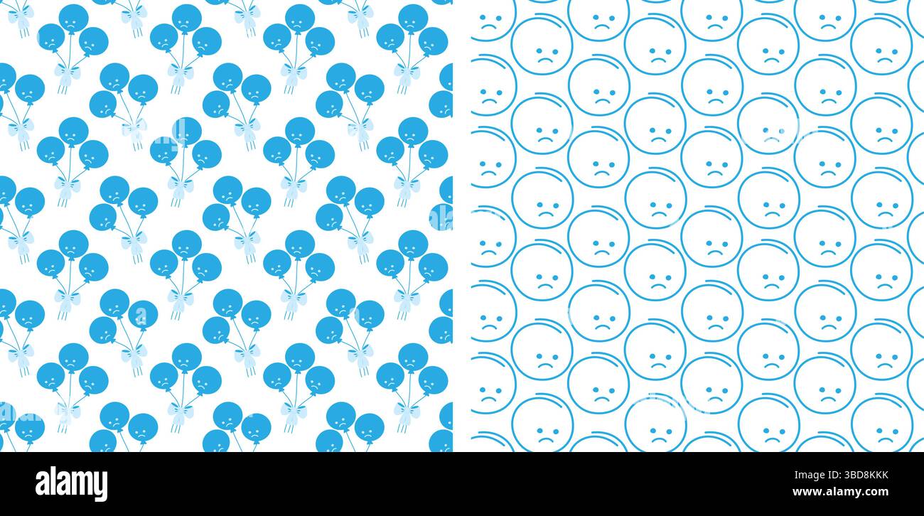 Schöner und niedlicher blauer Ballon begleitet von fröhlichen Smiley Face nahtlosen Mustern für Feiern. Isolierter Vektor-Hintergrund Blau Montag- oder Geburtstagsgruß, Partyeinladungen, Werbebanner, Tag festlegen Stock Vektor