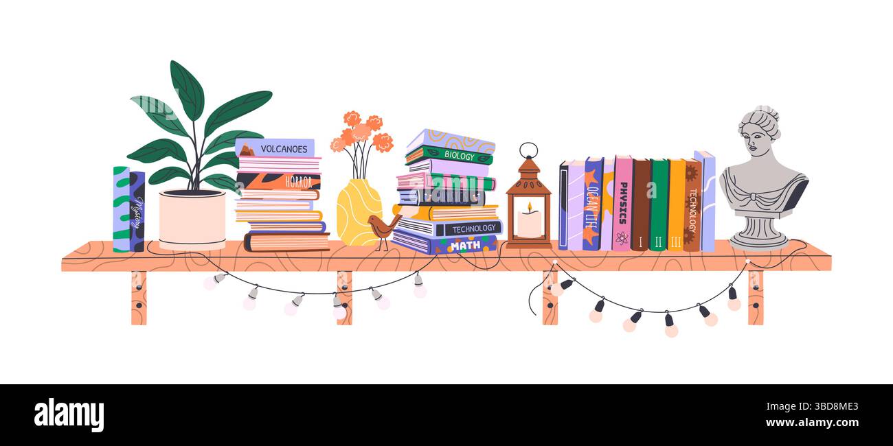 Stapel Bücher im Bücherregal. Bibliothek zu Hause. Stock Vektor