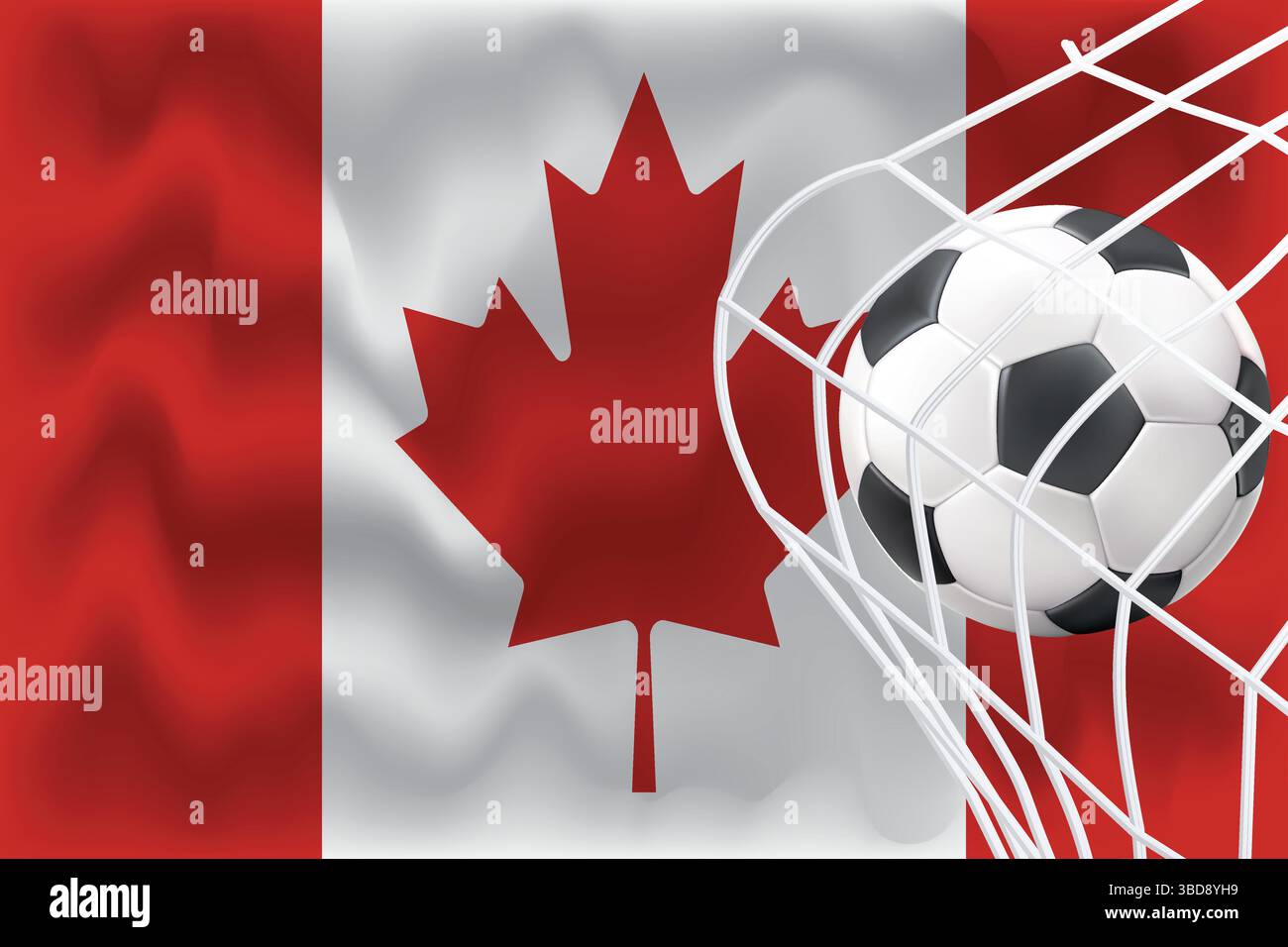 Editierbare 3D-Kanadas-Flagge mit Fußball und Netz. Perfekt für Sportposten, Promos zum Spieltag und Grafiken zur Weltmeisterschaft. Ideal für Banner und Anzeigen. Stock Vektor