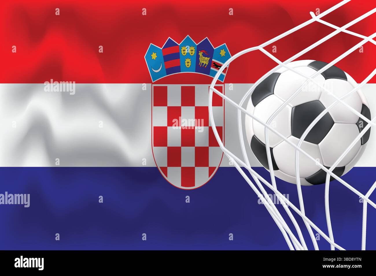 Editierbare 3D-Flagge Kroatiens mit Fußball und Netz. Perfekt für Sportposten, Promos zum Spieltag und Grafiken zur Weltmeisterschaft. Ideal für Banner und Anzeigen. Stock Vektor