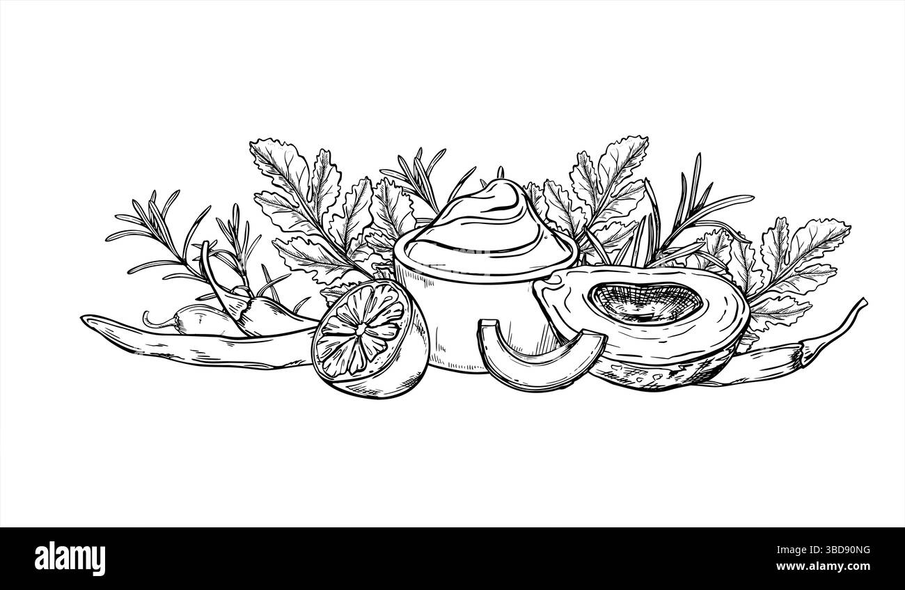 Salsa Schüssel mit Avocadoscheiben, Zitrone, Chili Paprika und frischen Kräutern Vektorlinie Kunst schwarze Tinte Skizze. Illustration von Gemüse und Soßen Stock Vektor