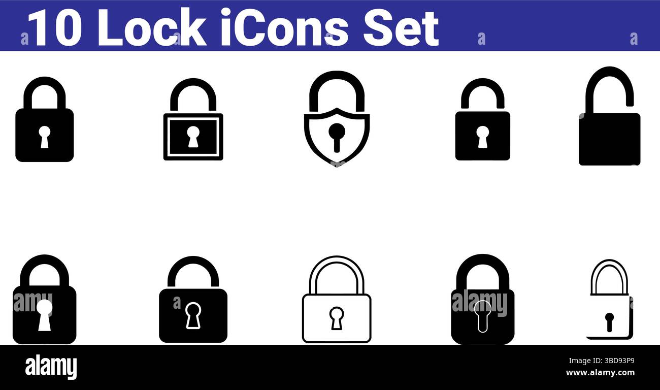 10 Schlosssymbole – Vorhängeschloss, Abschirmschloss, Sicherheitssymbol Stock Vektor