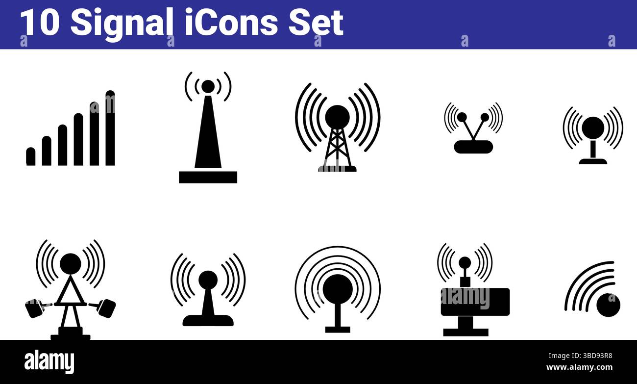 10 Signalsymbole Eingestellt – Signalbalken, Antenne, Drahtloses Signal Stock Vektor