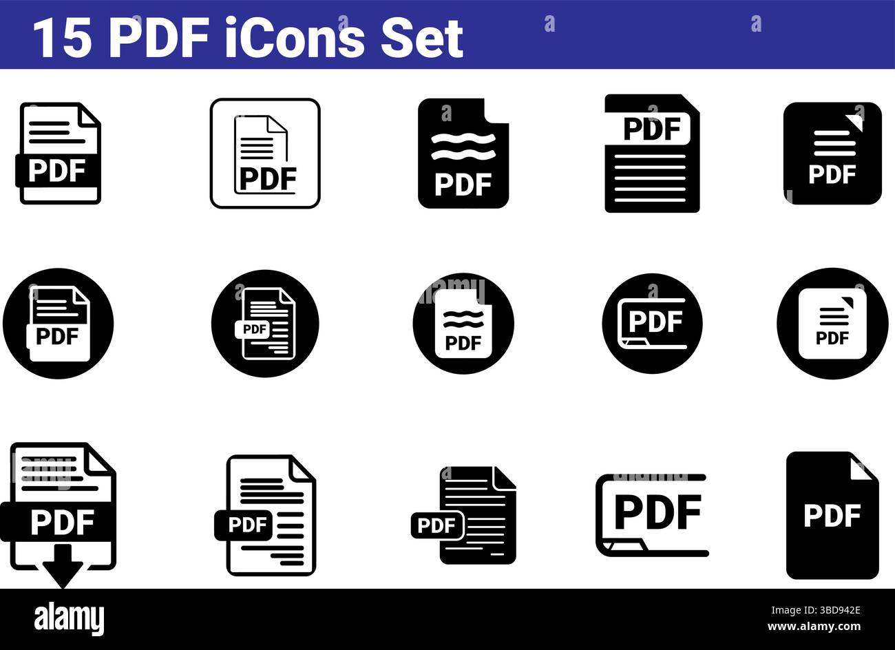 15 PDF-Datei Dokumentsymbole Set – Download & Reader Symbole Stock Vektor