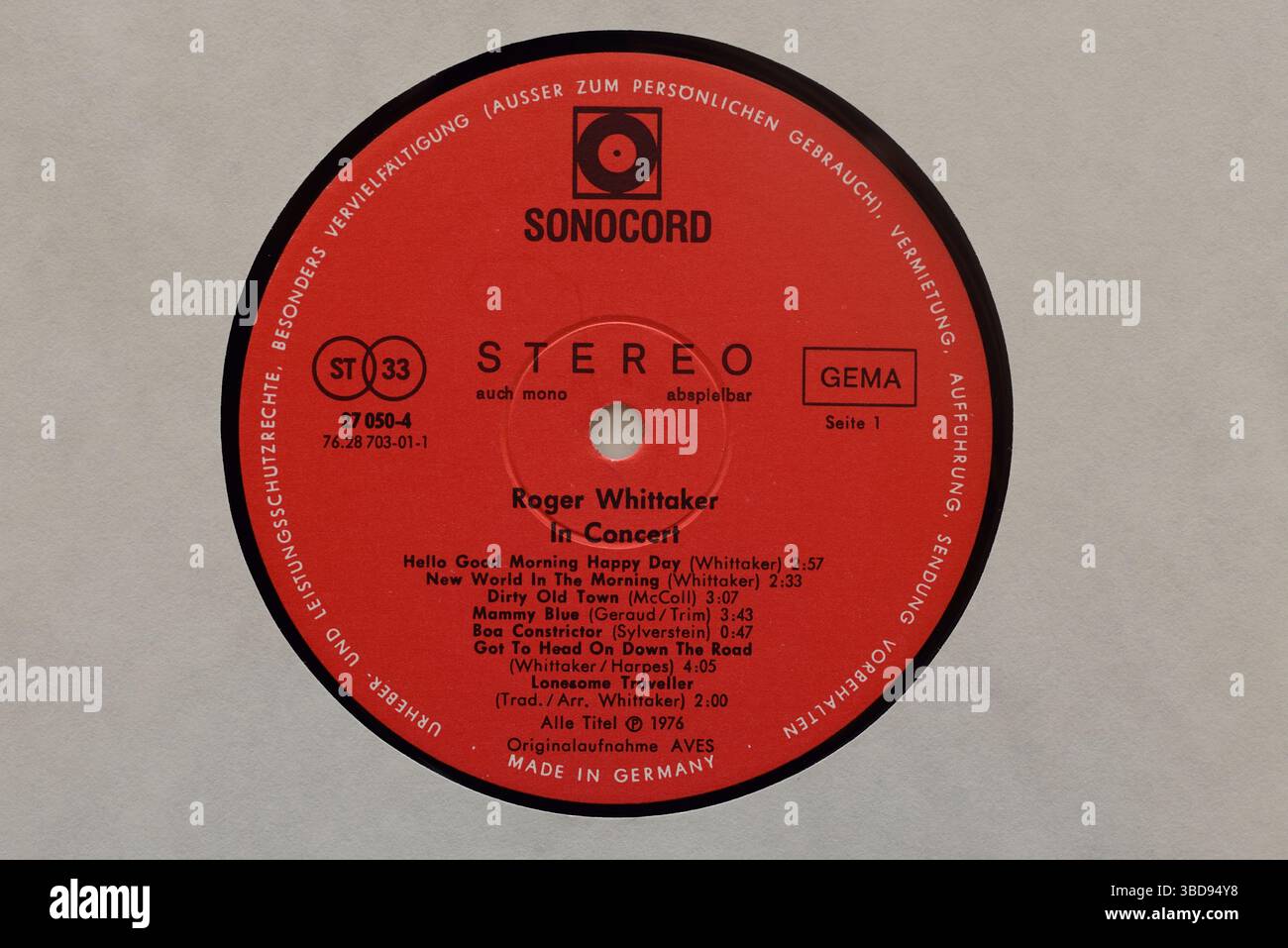 Vintage Plattenlabel, Roger Whittaker in Concert, Sonocord Records, Label des Deutschen Schallplattenclubs Stockfoto