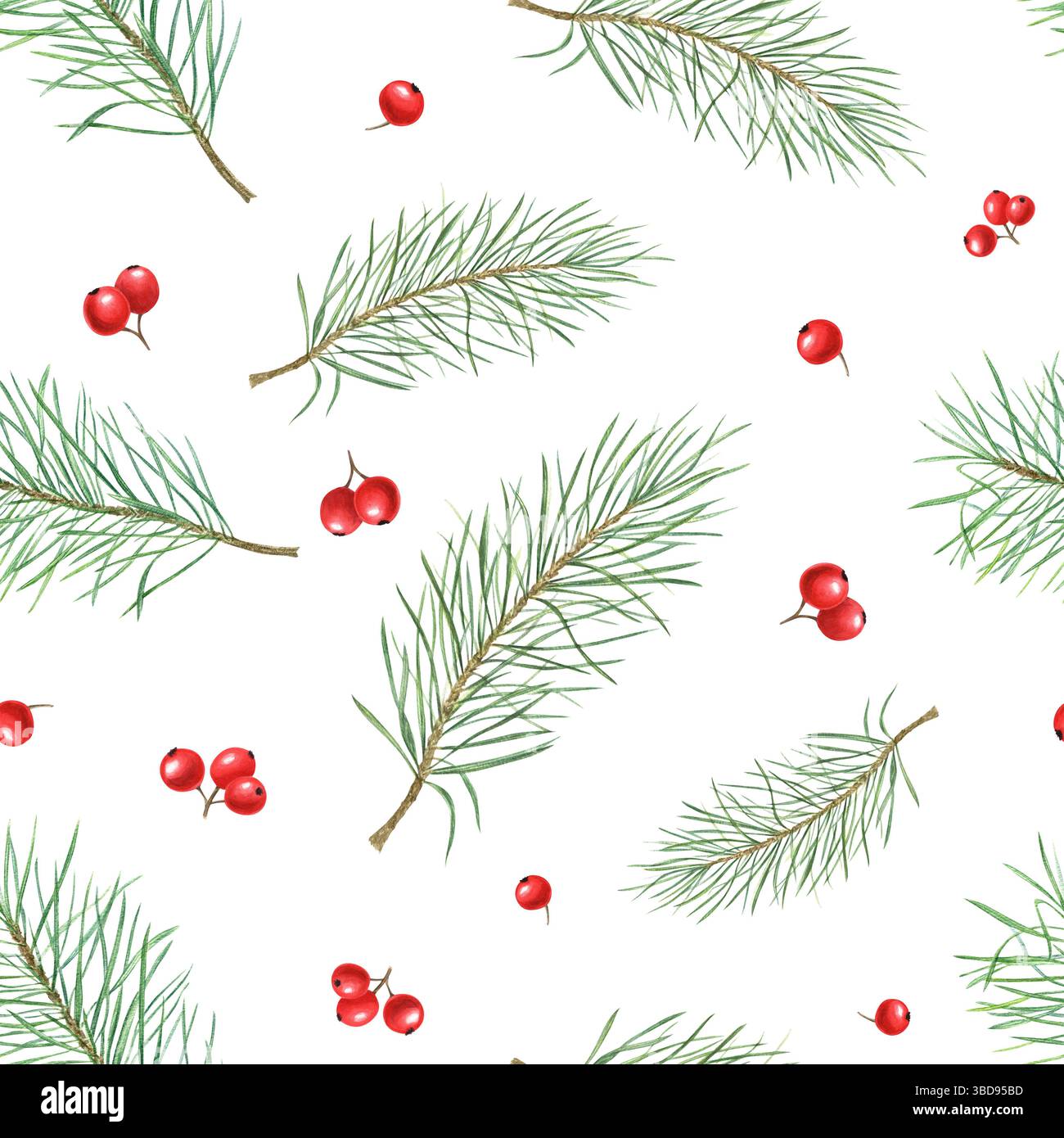 Zarte Tannenzweige und rote Beeren nahtloses Muster isolierter Hintergrund. Weihnachtsschmuck für festliches Geschenkpapier und Textilmotive Stockfoto